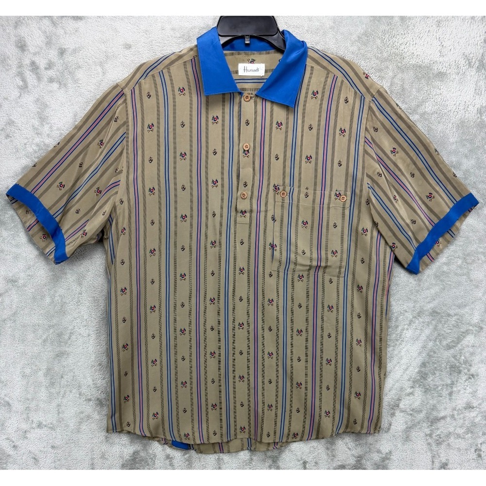 Harrods Men's Silk Knit 1/4 Button Shirt Sz‎ M Brown Logos AOP Short Sleeve